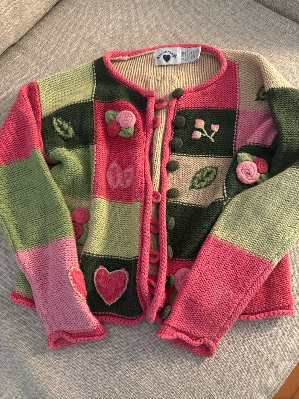 Hartstrings Pink, Green & Cream Patchwork Knit Cardigan